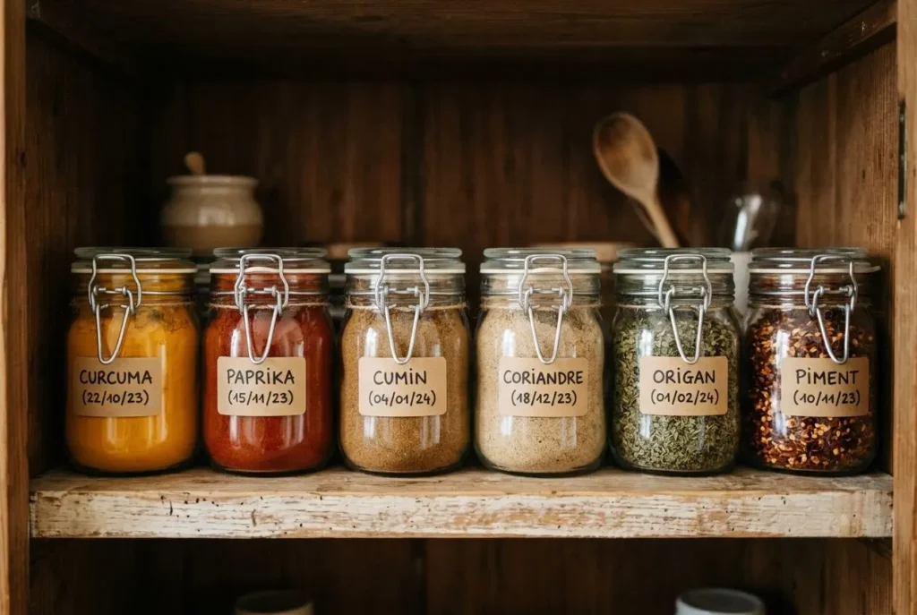 Assortment de bocaux d’épices dans une étagère, étiquettes indiquant curcuma, paprika, cumin, coriandre, origan et piment; conseils: comment bien conserver les épices.