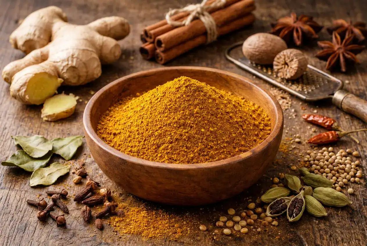 Bol en bois contenant un mélange d'épices thaï dorées entouré des épices entières qui le composent sur une table en bois rustique.