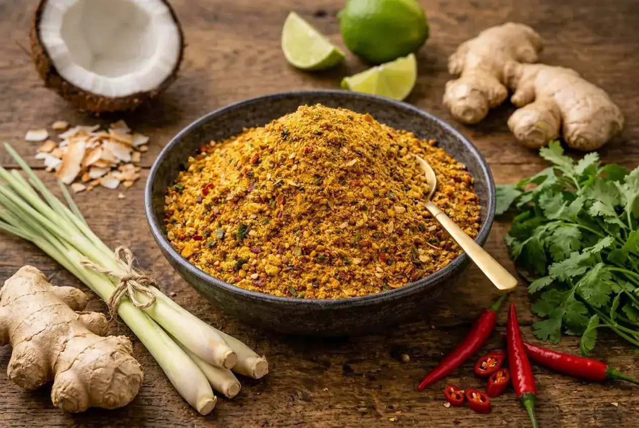 Bol en céramique rempli d'un mélange d'épices thaï entouré d'ingrédients frais sur une table en bois.