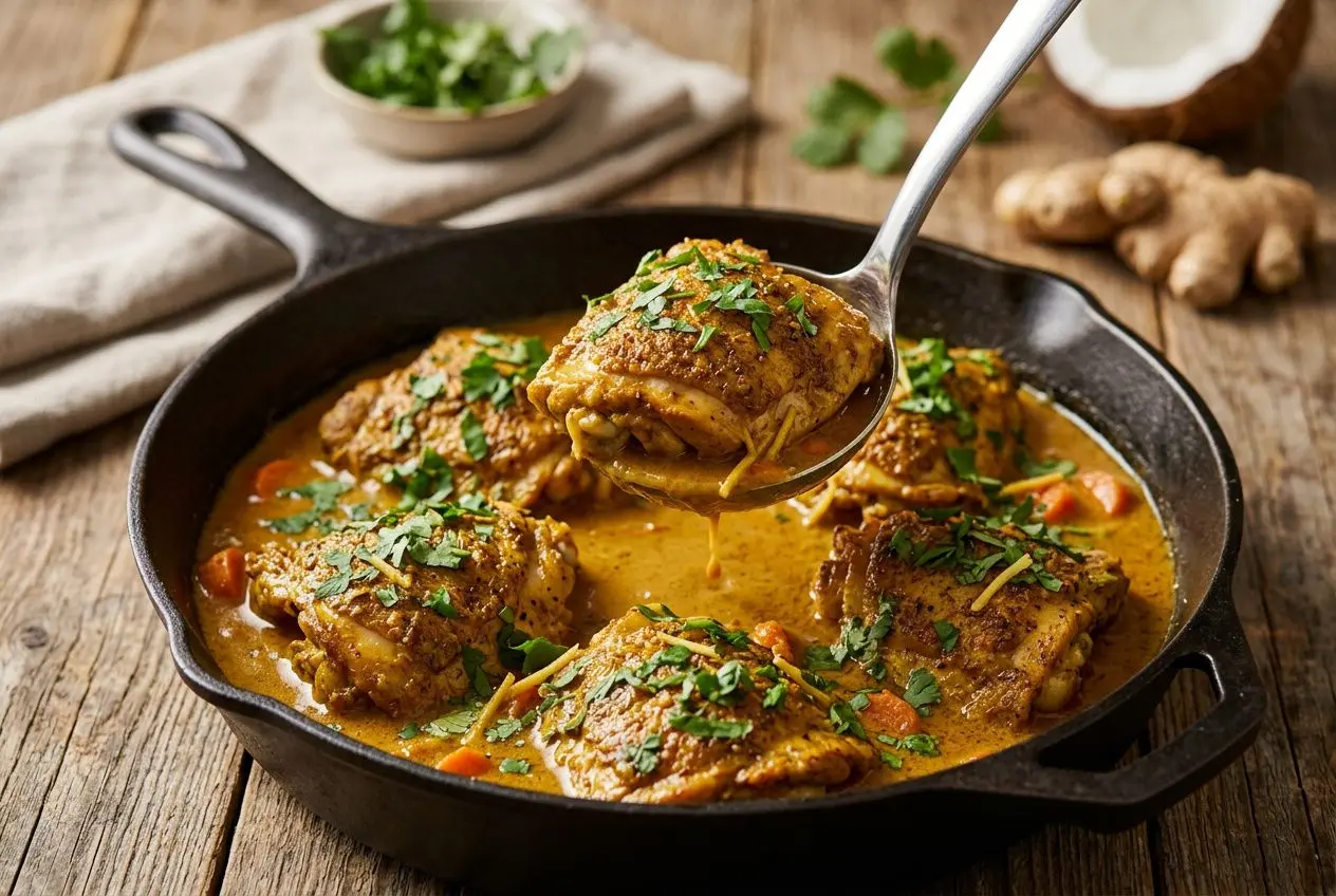 Cuisses de poulet dorées mijotant dans une sauce au lait de coco et gingembre dans une poêle en fonte.