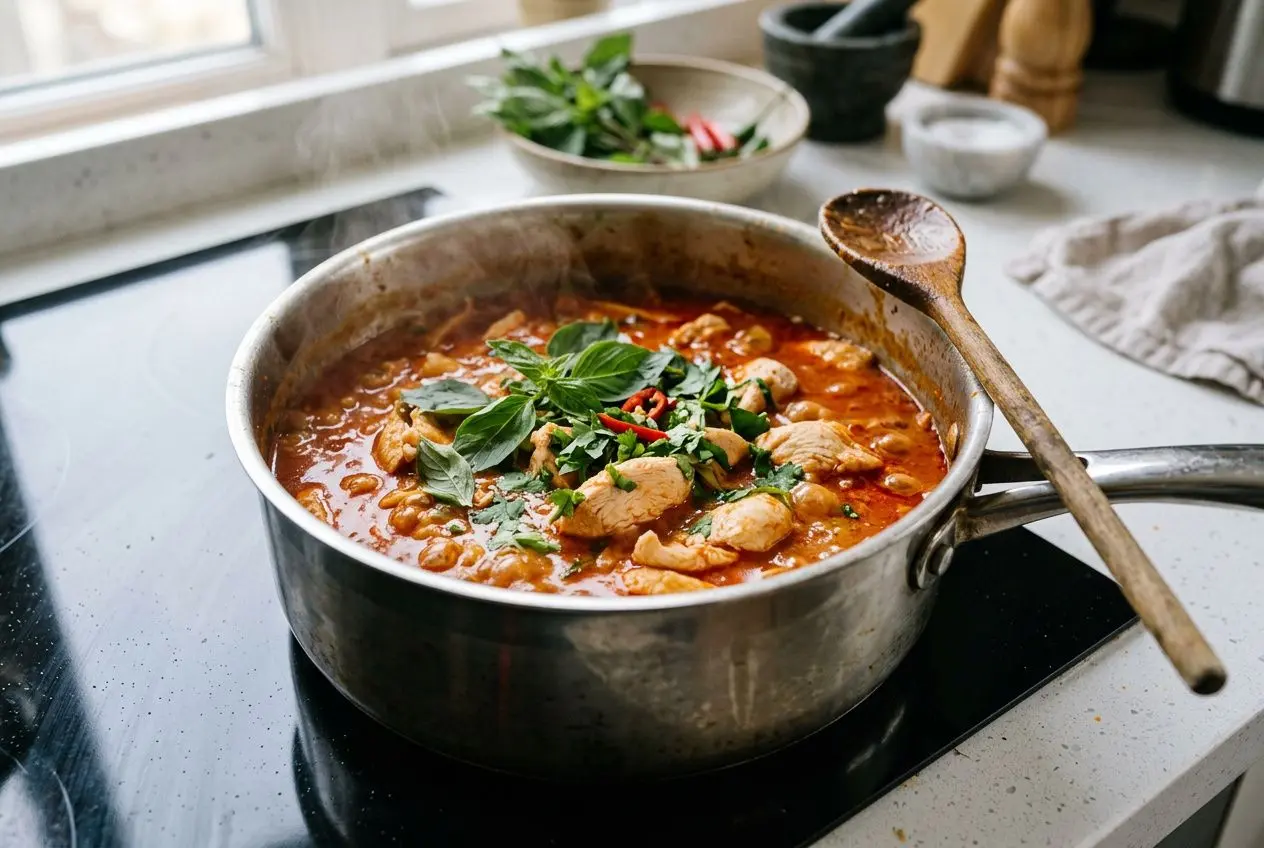 Curry rouge thaï au poulet en cours de préparation