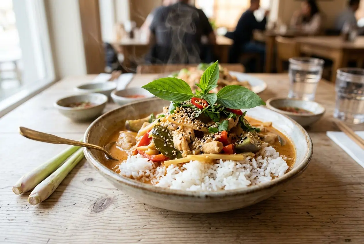 Curry rouge thaï traditionnel servi avec riz