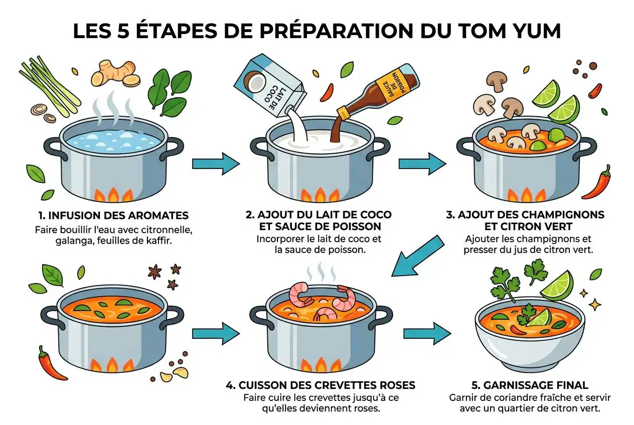 Étapes de préparation du tom yum