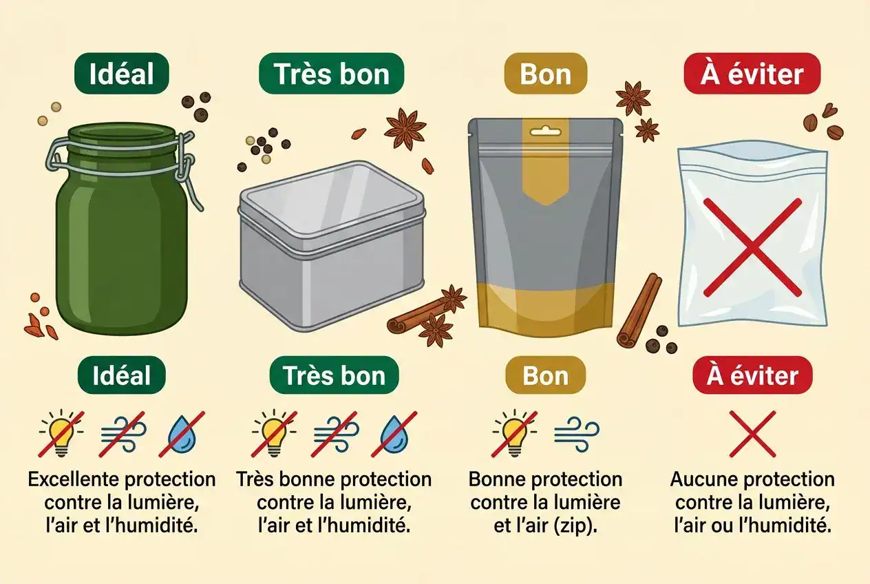 Illustration d’une infographie sur la conservation des épices: flacons et sachets rangés en catégories « Idéal », « Très bon », « Bon » et « À éviter », avec des pictogrammes de protection contre lumière, air et humidité. Intègre le thème : comment bien conserver les épices.