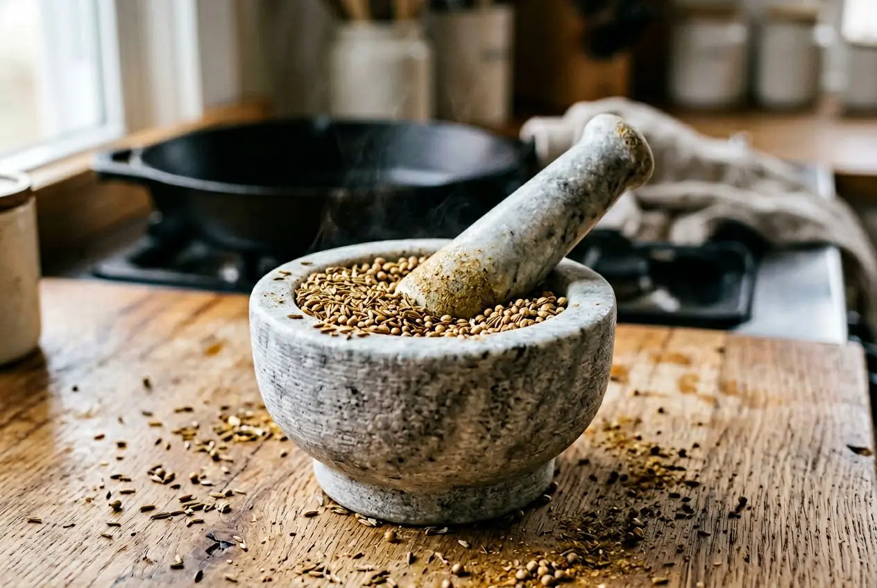 Mortier et pilon en pierre écrasant des graines, prêt à moudre des épices sur une table en bois. Comment moudre les épices : guide maison.