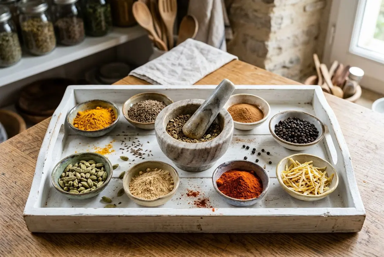 Plateau en bois avec mortier et épices variées en petits bols: curcuma, graines, poivre noir, paprika, gingembre, coriandre, cumin, fenouil, piment, zestes de rhizomes, prêt pour un mélange d'épices maison.