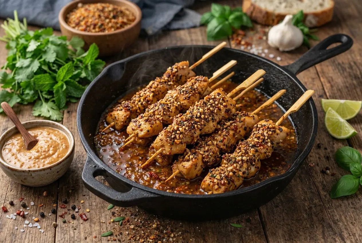 Poêle en fonte avec brochettes de poulet satay épicées et sauce cacahuète maison sur table en bois.