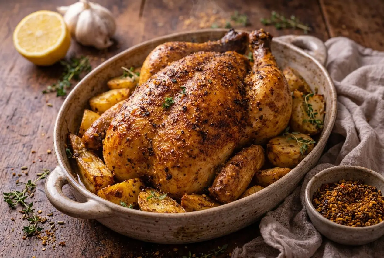 Poulet entier rôti aux épices satay avec pommes de terre dorées dans un plat en céramique rustique.