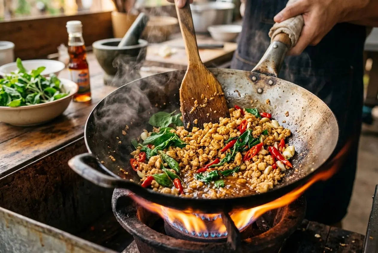 Préparation du pad kra pao au wok avec basilic sacré