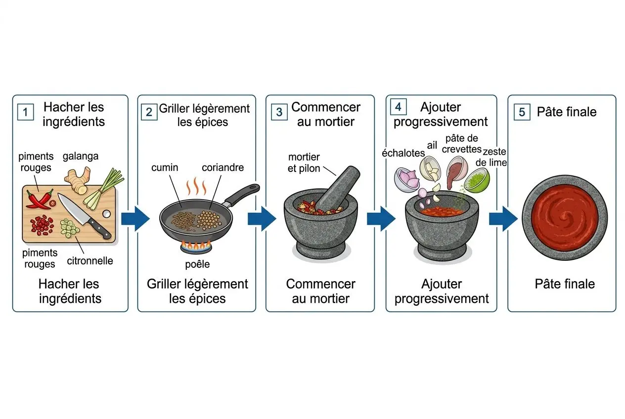 Processus de préparation de la pâte de curry rouge