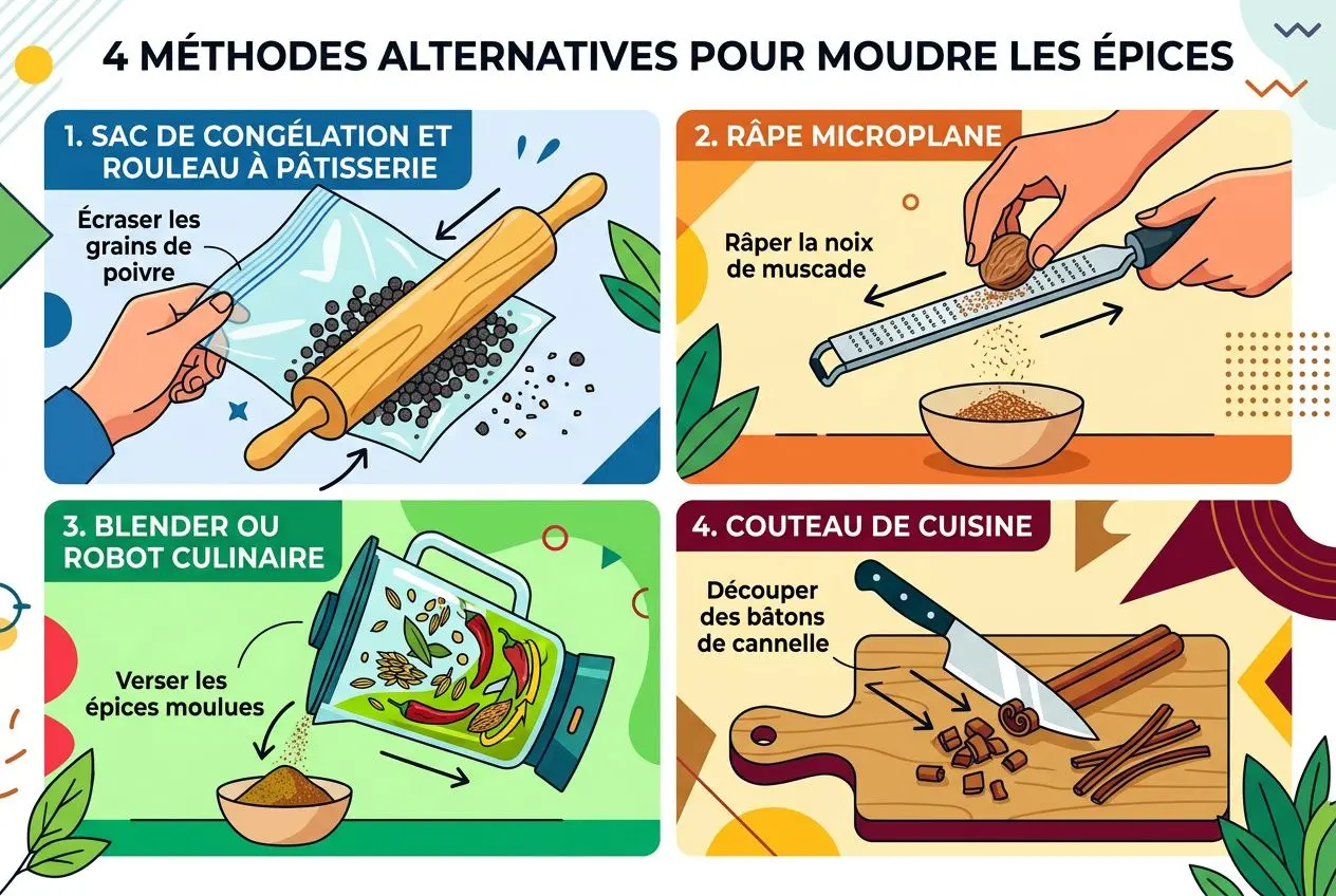 Quatre méthodes pour moudre les épices: sac congélation et rouleau, râpe microplane, blender ou robot culinaire, et couteau de cuisine sur planche.