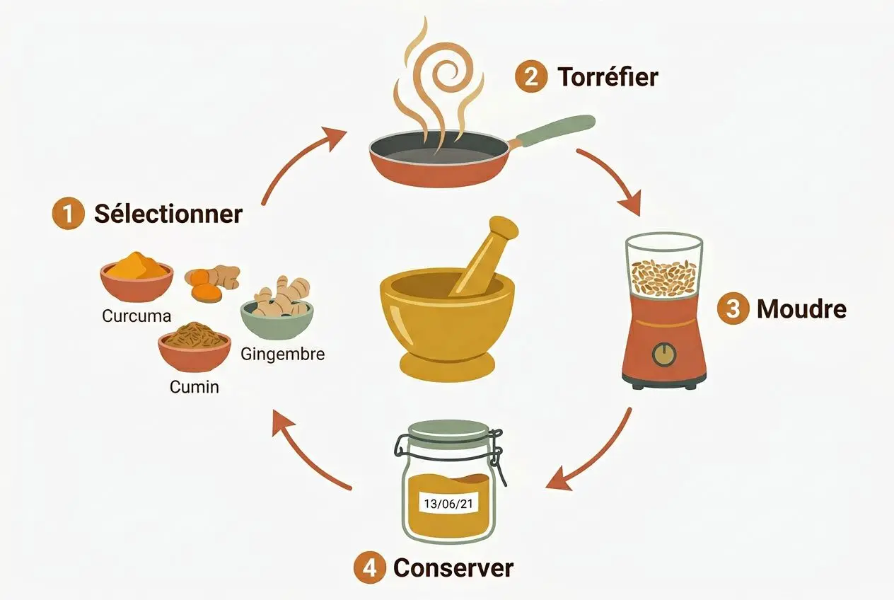 Schéma illustrant la préparation d’un mélange d'épices maison: sélection des épices (curcuma, gingembre, cumin, ail) puis broyage, puis moulin à épices et conserve en pot. Mélange d'épices maison intégré.