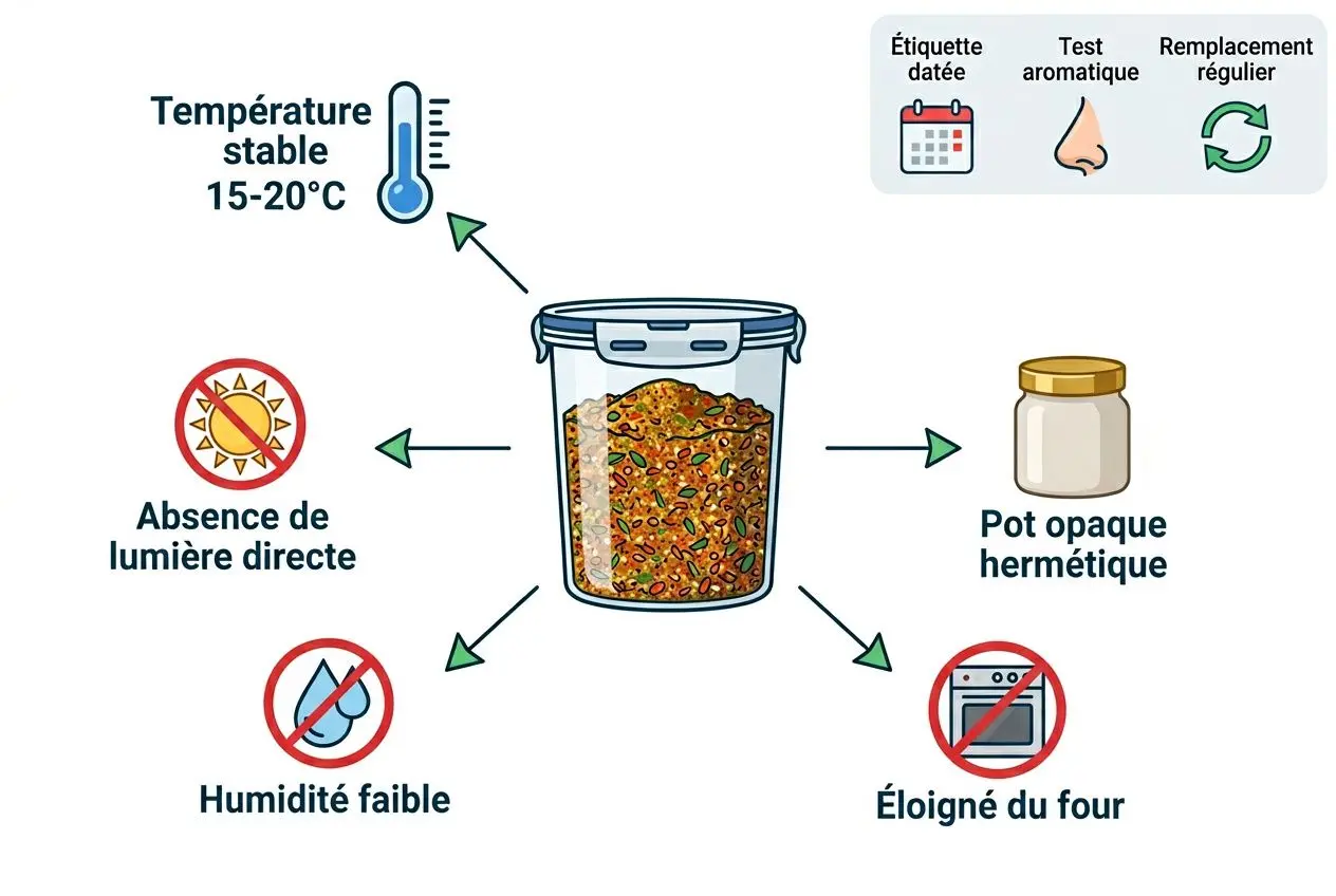 Seau transparent contenant un mélange d’épices maison posé au centre, entouré de flèches pointant vers les conditions idéales: température stable 15–20°C, absence de lumière directe, humidité faible, pot opaque hermétique et éloignement du four.