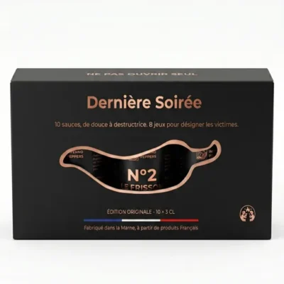 Coffret Dernière Soirée avec 10 sauces épicées et 8 jeux, édition originale, fabriqué en France.