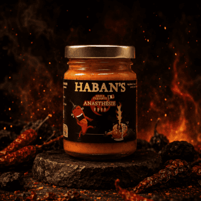 Pot de sauce piquante Anasthésie Haban's entouré de piments rouges sur fond de flammes ardentes.