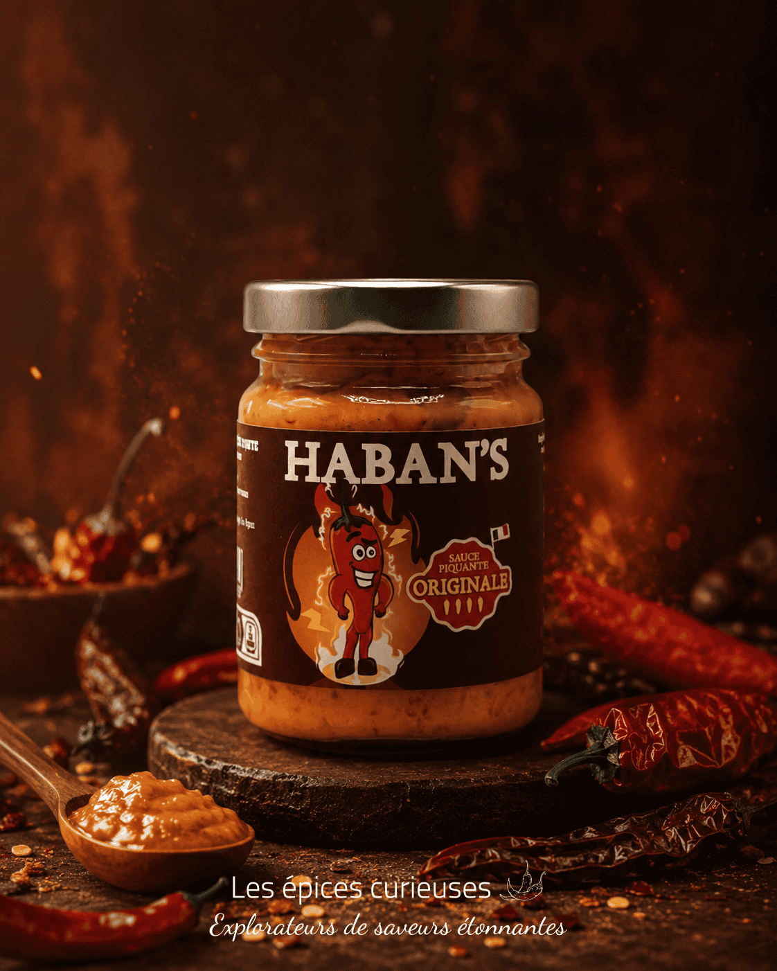 Pot de sauce piquante Haban's entouré de piments, idéale pour relever vos plats avec saveur et intensité.