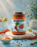 Pot de sauce piquante douce Haban's sur fond coloré, entouré de piments et d'épices. Idéal pour sublimer vos plats.