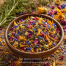 Bol de fleurs séchées colorées sur une table en bois, idéal pour infusion ou décoration naturelle.
