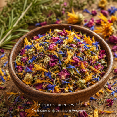 Bol de fleurs séchées colorées sur une table en bois, idéal pour infusion ou décoration naturelle.