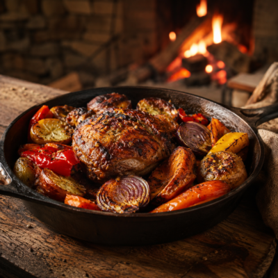 Poulet rôti aux légumes dans une poêle en fonte devant un feu de cheminée chaleureux.