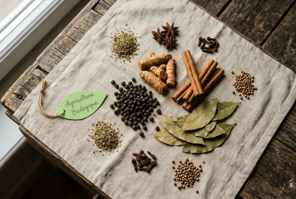 Fleurs et épices biologiques, notamment cannelle, gingembre, et feuilles de laurier, disposés sur un.
