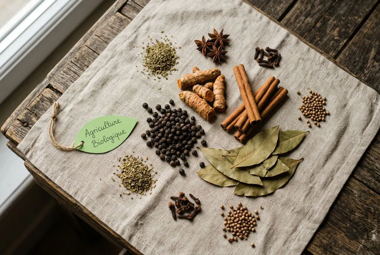 Assortiment épices et herbes sur une planche en bois, étiquette « Agriculture Biologique », illustration de l’alimentation biologique définition et principes.