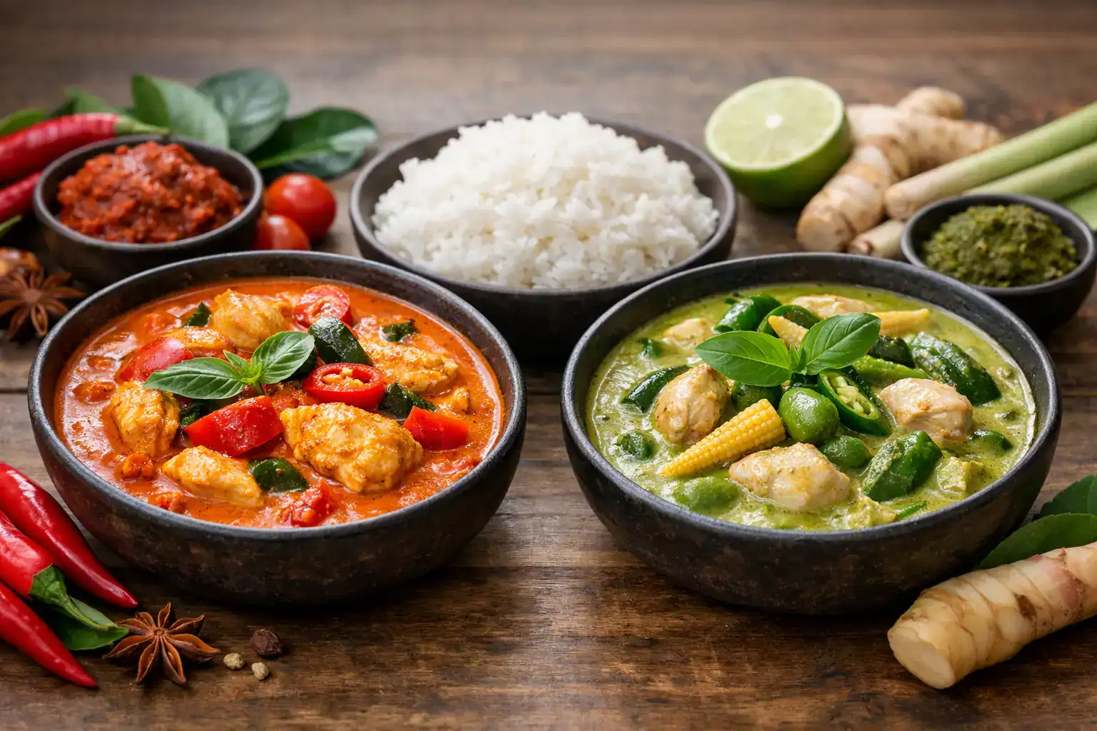 Poulet curry rouge et vert avec riz blanc, épices et légumes frais, assiette gourmande et colorée.