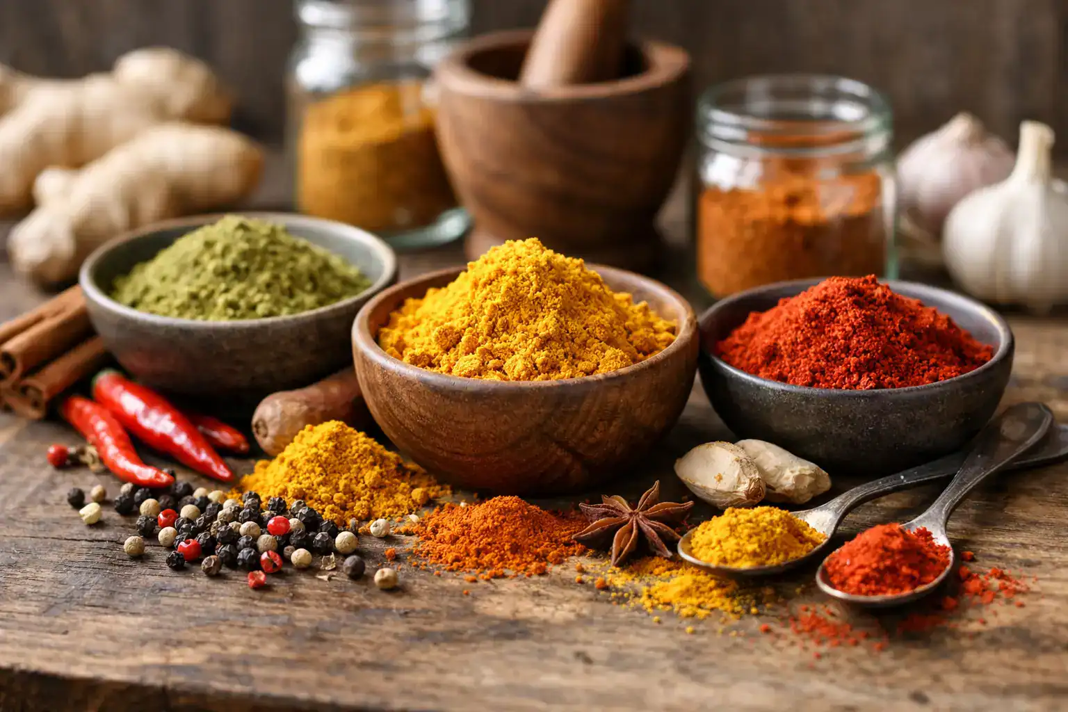 Épices en poudre dans des bols en bois, cumin, curcuma, paprika, ail, gingembre, poivre, piment, épi.