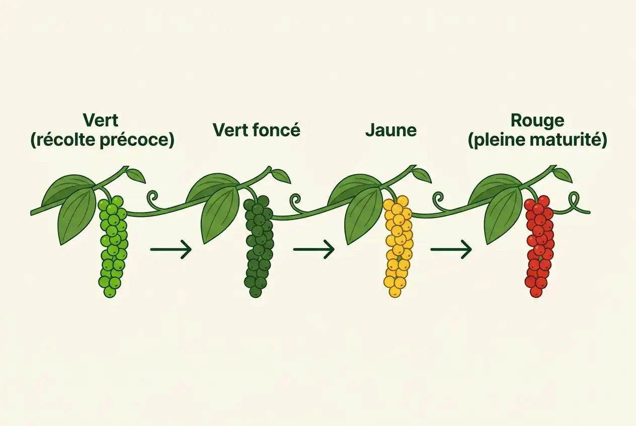 Différence entre les poivres: grappes de poivre vert, vert foncé, jaune et rouge en maturation sur une tige.