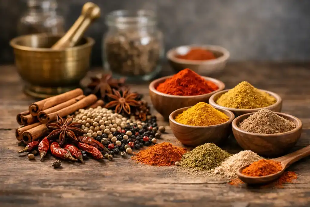 Épices en poudre et entières dans des bols en bois, assaisonnements variés, cannelle, piment, curcum.