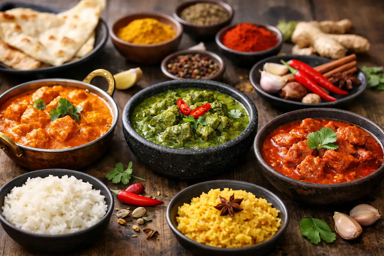 Assortiment d'épices et de plats indiens dans des bols en pierre.