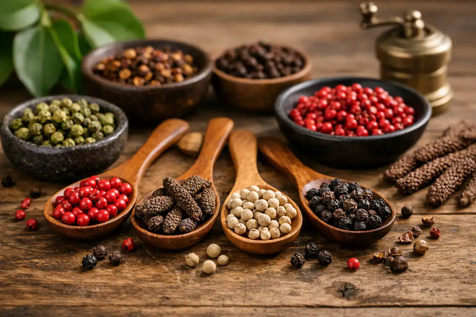 Poivres en grains variés dans des cuillères en bois sur une table en bois, épices aromatiques.