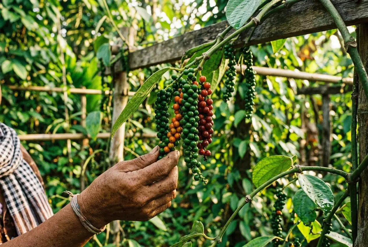 Main sujet: Poivre de Kampot en grappes colorées. Texte alternatif: Récolte de poivre de Kampot en grappes variées, main d’un récoltant touchant les fruits sur la plante. Poivre de kampot meilleur poivre du monde.