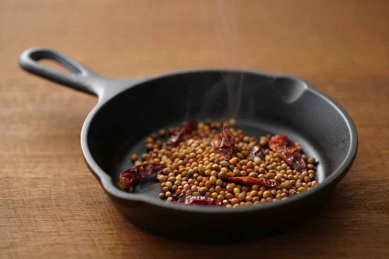 Petite poêle noire avec des graines de moutarde et des morceaux de piment séché fumants, prêt à être torréfiés pour des mélanges d'épices.
