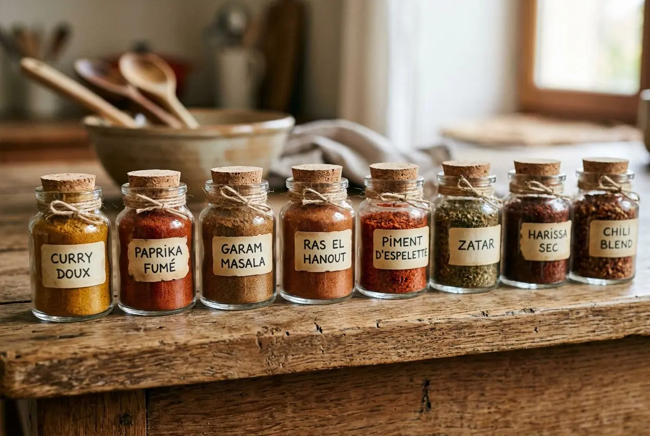 Petits bocaux en verre bouchés de liège alignés sur une table en bois, contenant divers mélanges d’épices étiquetés comme curry doux, paprika fumé, garam masala, ras el hanout, piment d’espelette, zatar, harissa sec et chili blend.