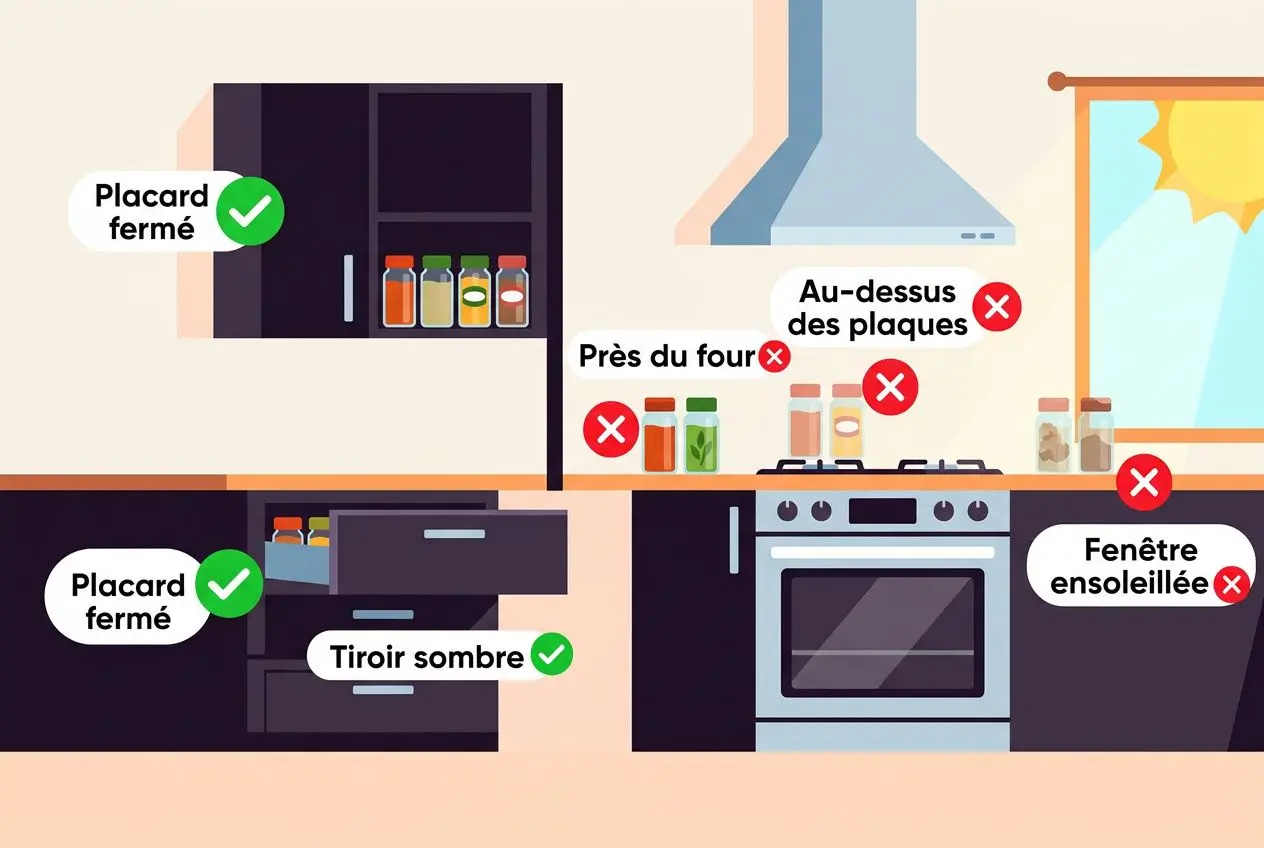 Placard fermé et tiroirs tirés, montrant une cuisine organisée avec des condiments, évitant lumière et chaleur pour conserver les épices correctement.