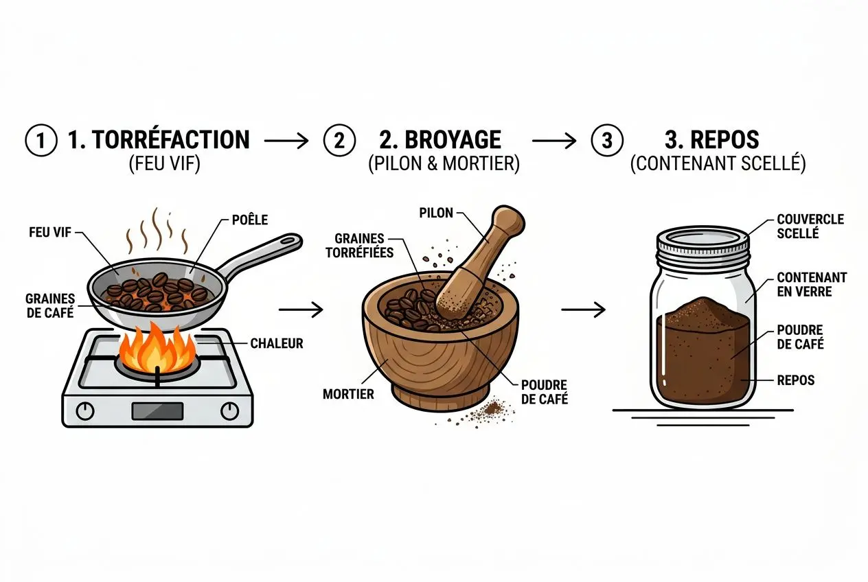 Procédé illustré : torréfaction des grains de café, broyage dans un mortier, puis consolidation dans un bocal hermétique. Aligné sur « comment faire des mélanges d'épices ».