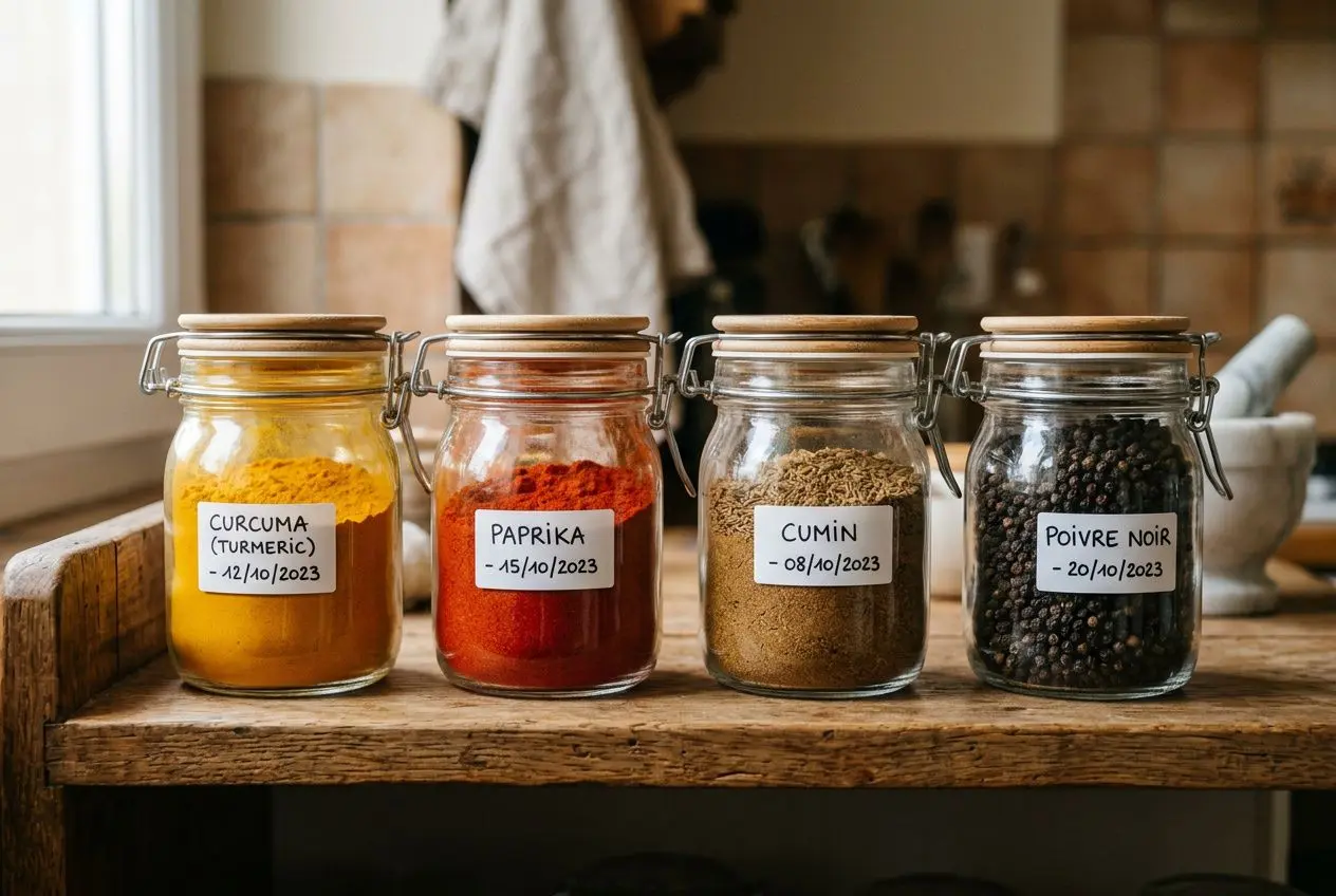 Quatre bocaux en verre contenant des épices colorées (curcuma, paprika, cumin et poivre noir) avec étiquettes dates d’expiration. peut-on consommer des épices de 20 ans intégrée naturellement dans la description.