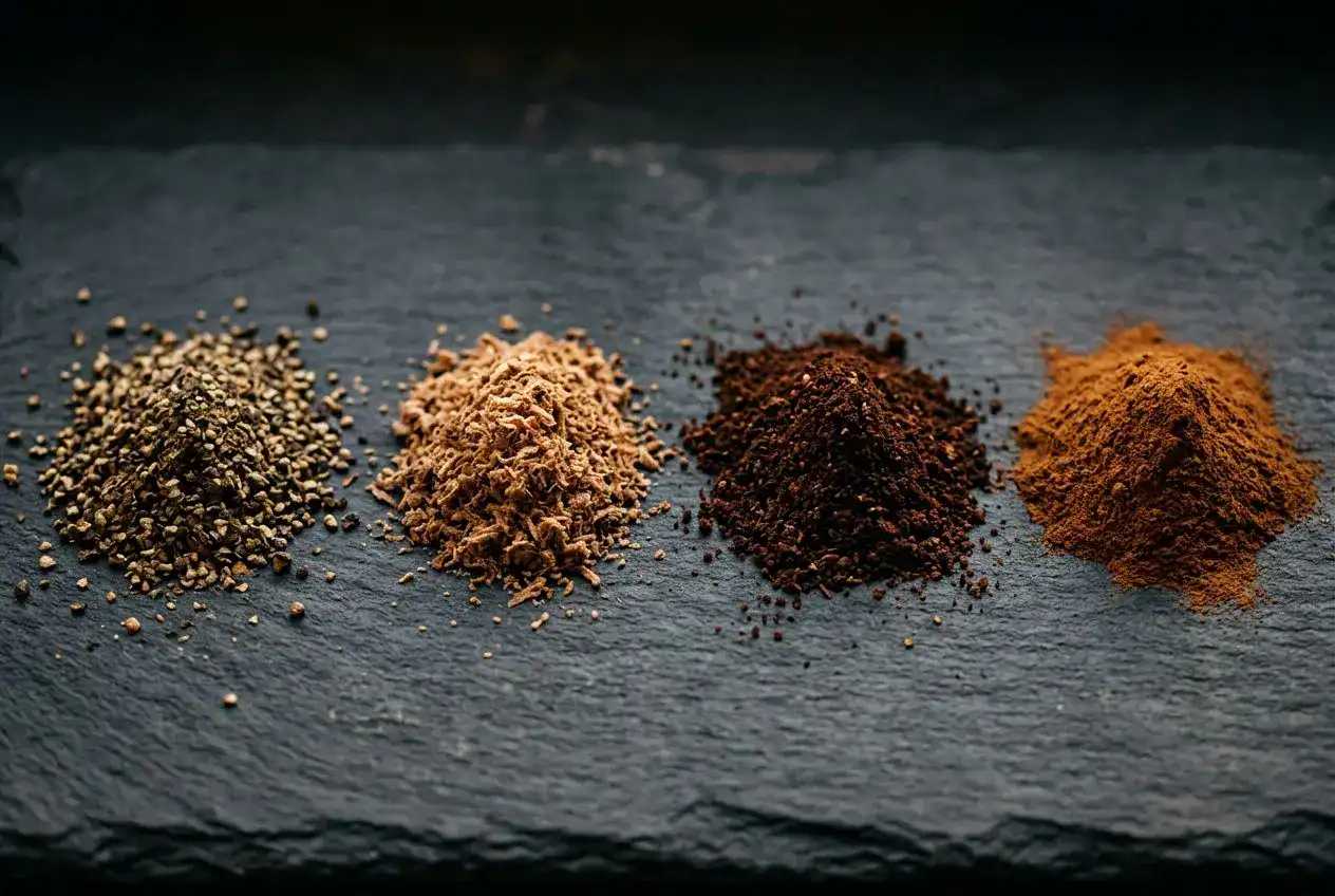 Quatre épices en poudre présentés en rangée: poivre, muscade, girofle et cannelle, illustrant la composition du mélange 4 épices.