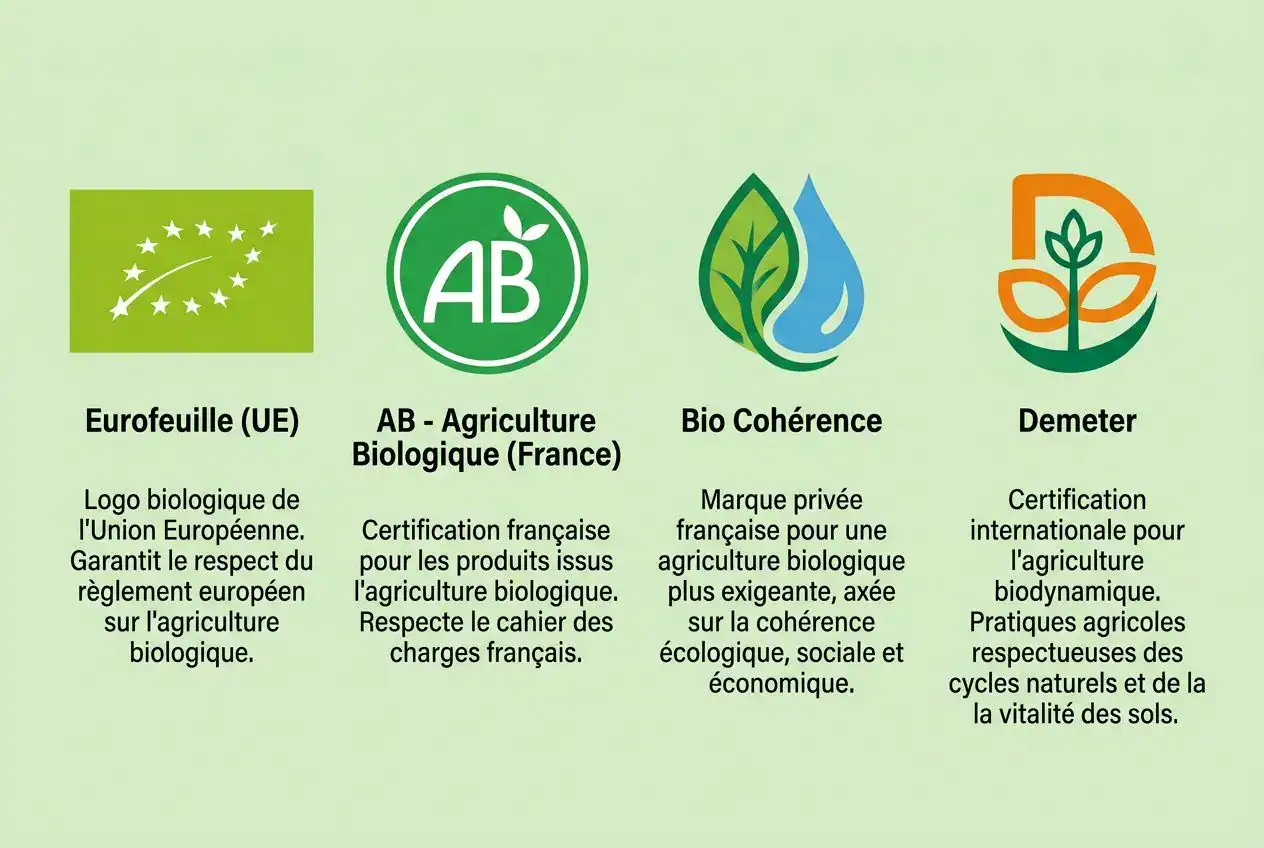 Quatre logos bio européens: Eurofeuille, AB - Agriculture Biologique (France), Bio Cohérence et Demeter, chacun avec légende descriptives.