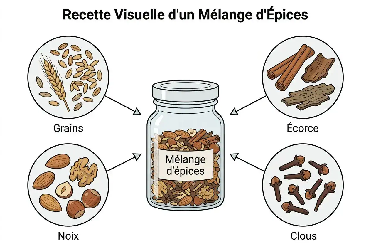 Recette Visuelle d'un Mélange d'Épices: composition du mélange 4 épices, avec un bocal central et des groupes montrant Grains, Noix, Écorce, Clous autour.