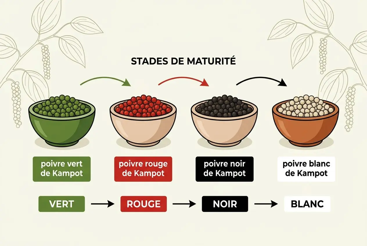 Stades de maturité du poivre de Kampot: vert, rouge, noir et blanc avec les noms correspondants. Poivre de Kampot meilleur poivre du monde.
