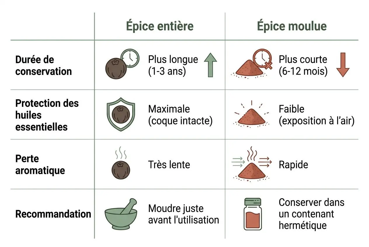 Tableau comparant Épice entière et Épice moulue: durée de conservation, protection des huiles, perte aromatique et recommandations. Inclut les conseils sur comment conserver les épices correctement.