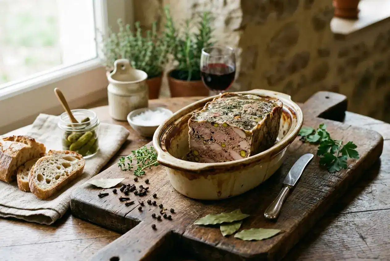 Terrine épicée sur plan de bois avec tranche de pain, copeaux de girofle et épices: composition du mélange 4 épices.