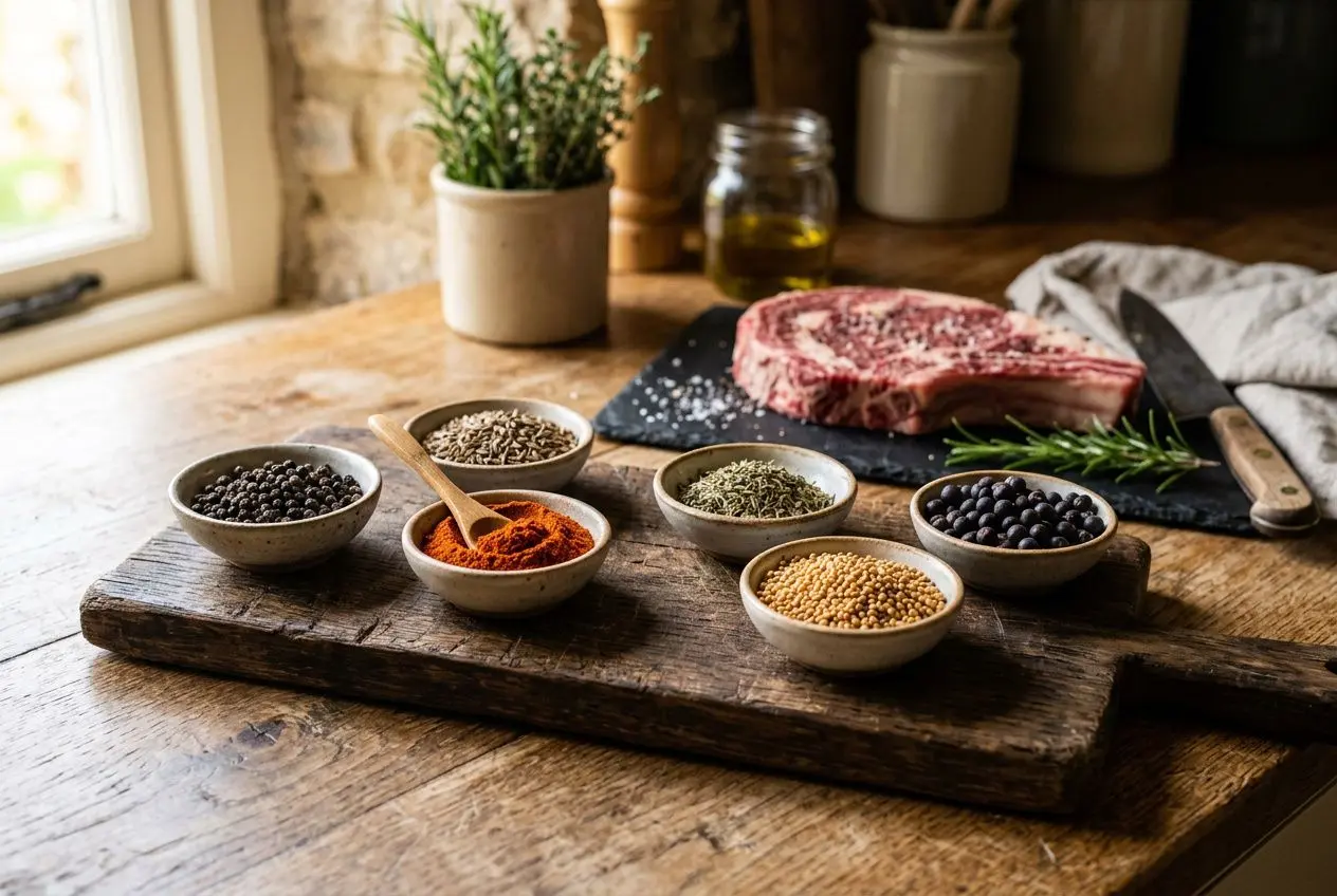 Tigne de bœuf cru et sept petits bols d’épices variées sur une planche en bois, prêt à préparer un mélange épices pour viande rouge.