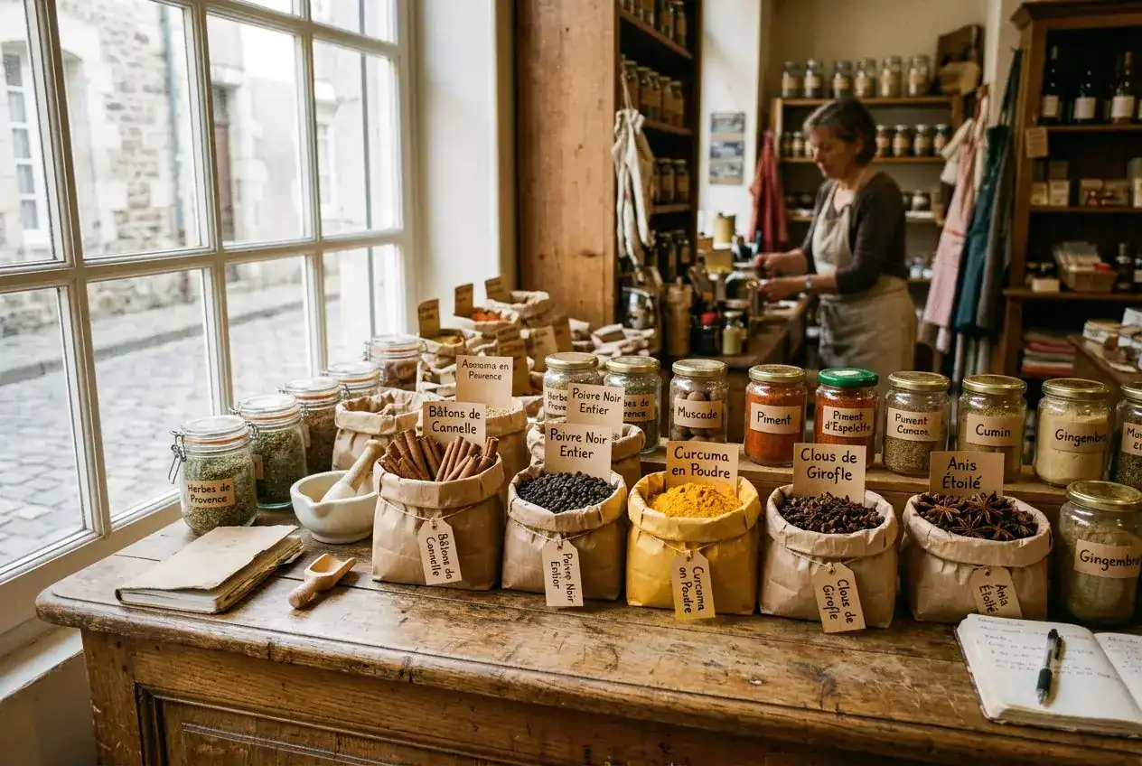 Épicerie d'épices bio en vrac avec fleurs, curcuma, clous de girofle, gingembre, et autres produits.