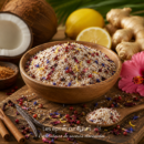 Bol de mélange exotique avec noix de coco râpée, épices colorées, citron et gingembre sur planche en bois.