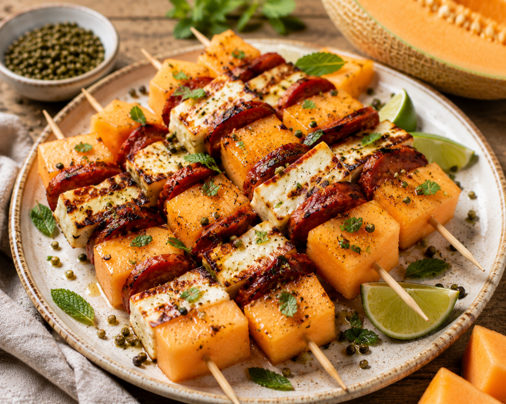 Brochettes melon chorizo halloumi - Les épices curieuses