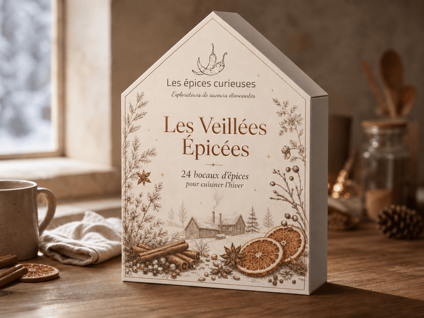 Boîte de l'Advent Calendar 2026 avec épices et décorations naturelles.