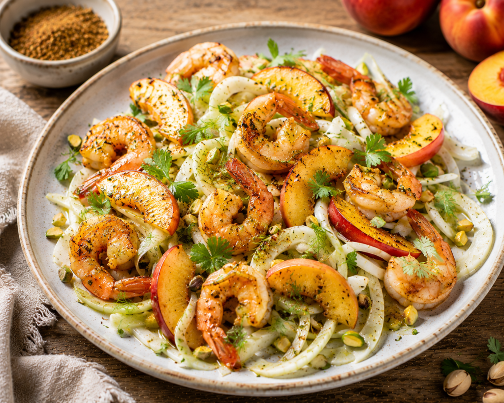 Crevettes sautées aux nectarines et fenouil - Les épices curieuses